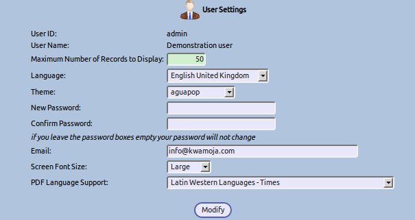 User Settings Screen